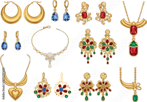 Luxury gold jewelry collection featuring elegant earrings, diamond necklaces, ruby pendants, pearl necklaces, and emerald gemstones, flat vector illustration isolated on white background,