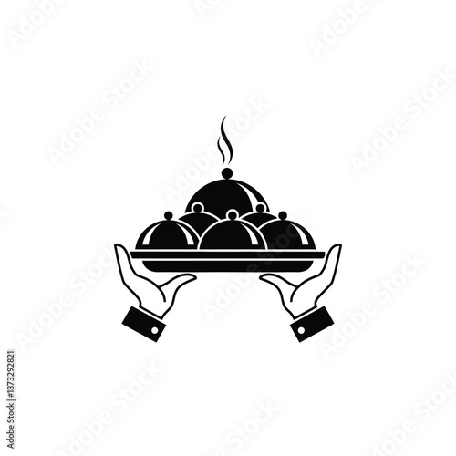 Vector illustration icon black and white illustration of hands holding a covered serving dish with steam rising isolated on white background