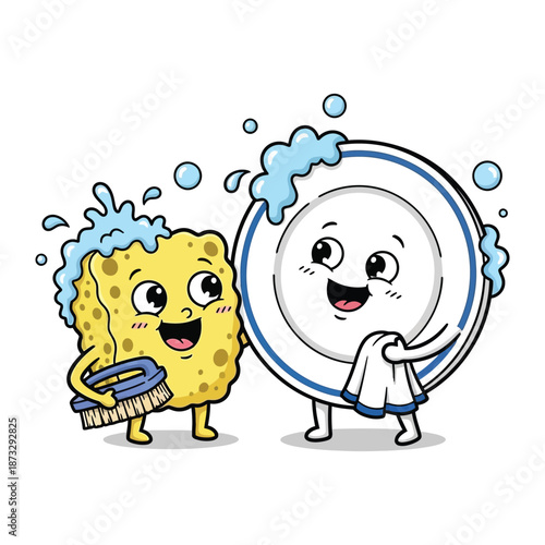 Clean Companions: An adorable illustrated scene features a cheerful sponge and plate teaming up to make dishwashing a delight. Capturing the fun of teamwork