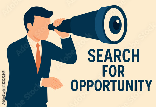 Search for opportunity, business vision, success direction or finding new employee, career future, secret discovery or research concept, businessman look through telescope or binoculars with big eye