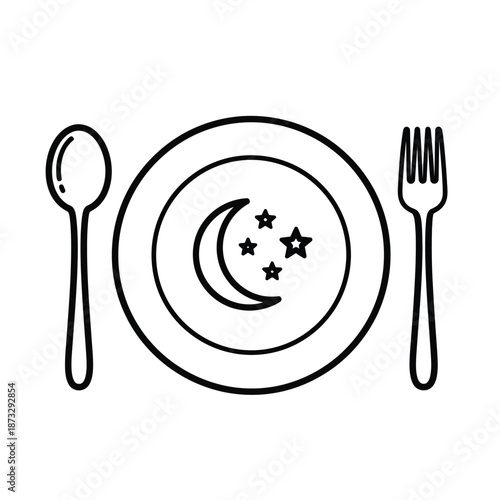 Vector illustration icon black line drawing of a plate with a crescent moon and stars on it surrounded by a spoon and fork on white background