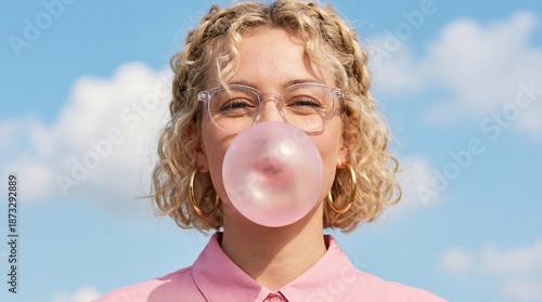 Young woman with curly blonde hair wearing glasses blowing a large pink bubble gum against a bright blue sky background