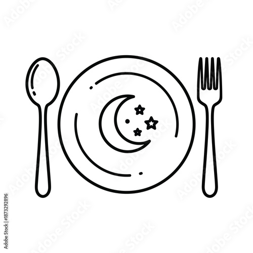 Vector illustration icon black line drawing of a plate with a moon and stars on a table setting with a spoon and fork on white background