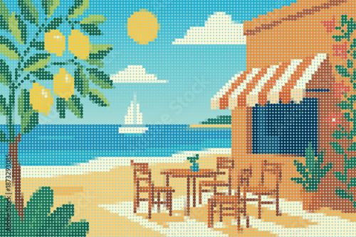 Mediterranean Beach Scene with Street Cafe, Boat and Lemon Tree Halftone Illustration
