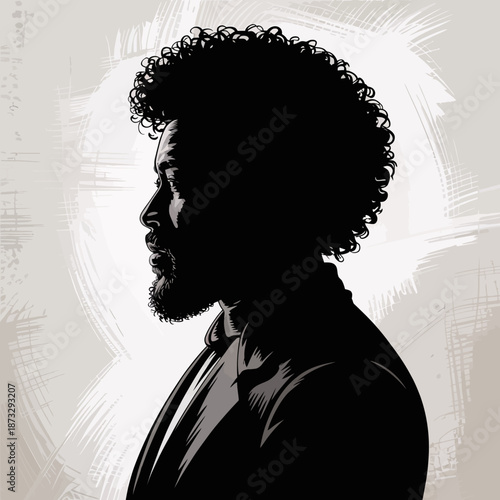 The profile of a bearded man is artistically rendered in silhouette, emphasizing strength and resilience, characterized by distinctive curls and a thoughtful expression.