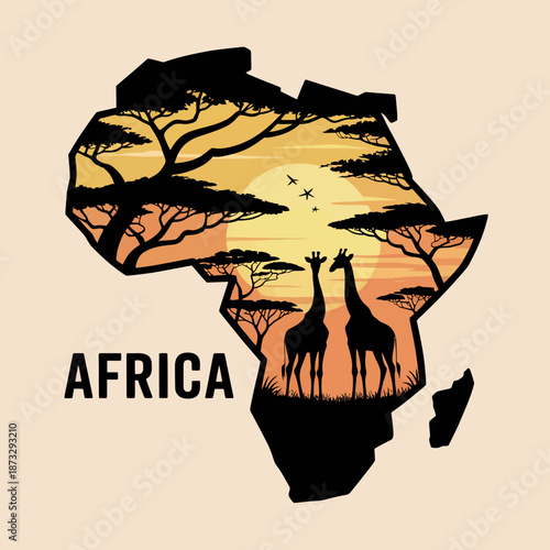 This artistic representation features the silhouette of Africa highlighting giraffes against a sunset backdrop, symbolizing the continent's vibrant wildlife and beauty.