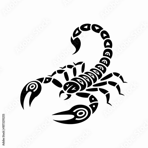 This striking black illustration of a scorpion showcases its detailed features, emphasizing strength and danger, and appeals to lovers of symbolic and bold artwork.