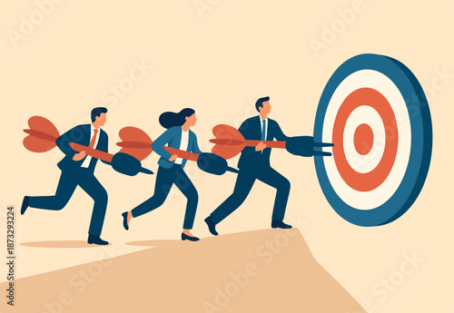  Purpose, project goal or target, team motivation to reach objective, company mission or direction, ambition to success, inspiration or aiming, business people with dart running to target or purpose.