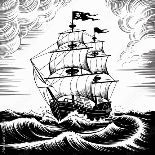 This dramatic black-and-white illustration captures a classic pirate ship bravely navigating stormy seas, representing a sense of adventure and the unpredictable nature of life.