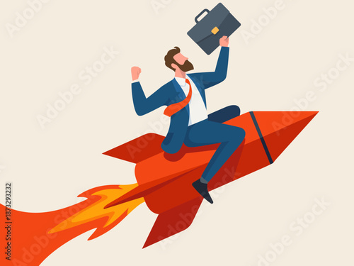 This modern illustration shows a determined businessman triumphantly riding a rocket, symbolizing ambition and success, capturing the spirit of entrepreneurship and motivation.