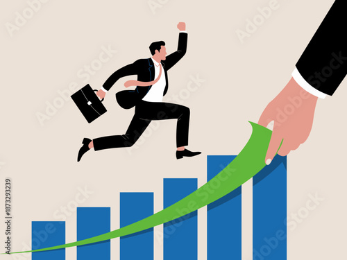 The image portrays a determined businessman leaping toward a growing bar graph, symbolizing progress and ambition in the corporate world through engaging visuals.