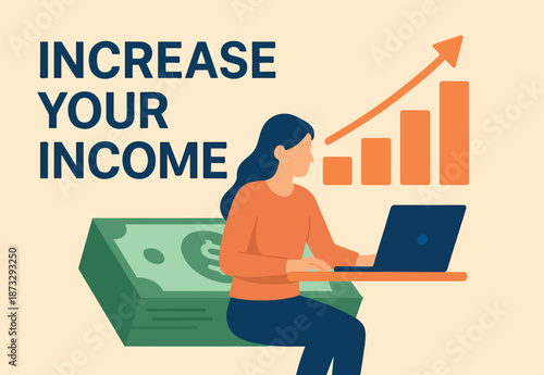 Increase income or salary raise, growing investment, wealth or saving profit, revenue rising, improvement or accumulate wealth concept, woman working with computer on banknote money growing graph
