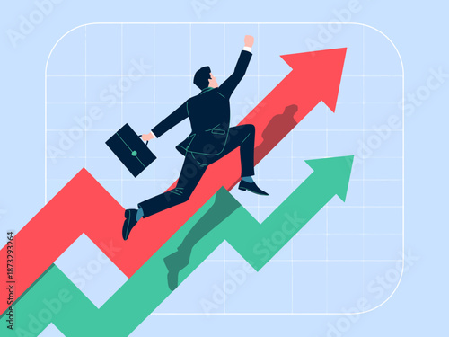 This image illustrates a determined individual ascending a vibrant chart, symbolizing business growth and progress in a corporate environment with confidence and ambition.
