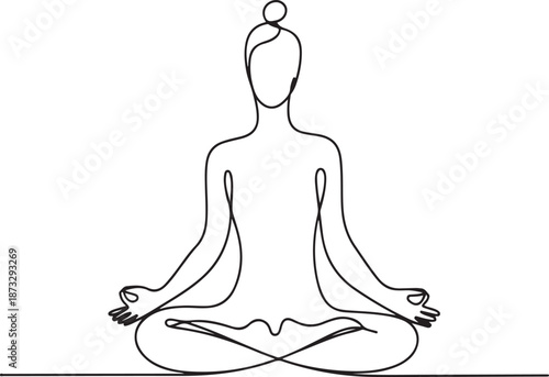  Yoga meditation lotus pose continuous one-line art icon vector illustration for wellness and zen concept.