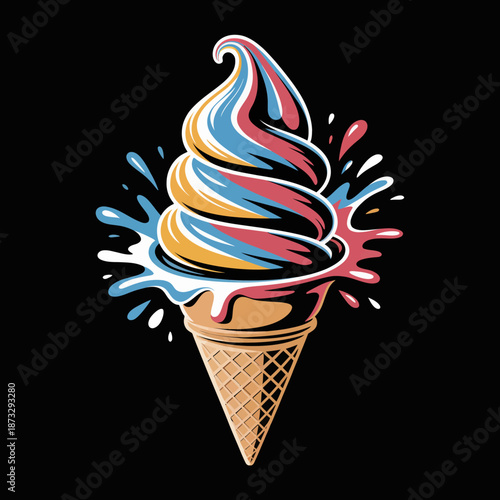 An enticing scoop of ice cream in a cone features vibrant swirling colors, representing joy, indulgence, and the delightful experience of enjoying ice cream on a sunny day.