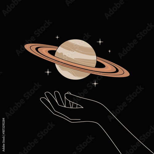 A creative depiction of Saturn floating above a hand symbolizes human curiosity, exploration, and the vastness of the universe, inspiring awe and wonder among viewers.