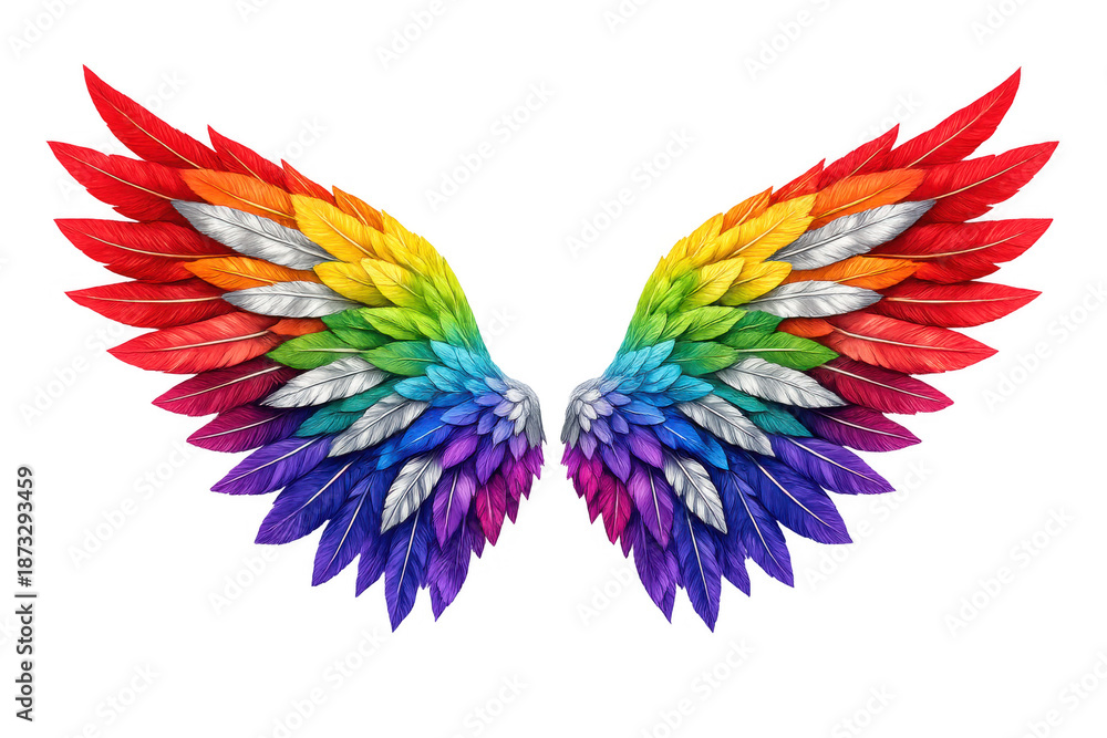 Fototapeta premium Rainbow feathered angel wings symbolizing lgbt pride, freedom, diversity, equality, and support, isolated on transparent background