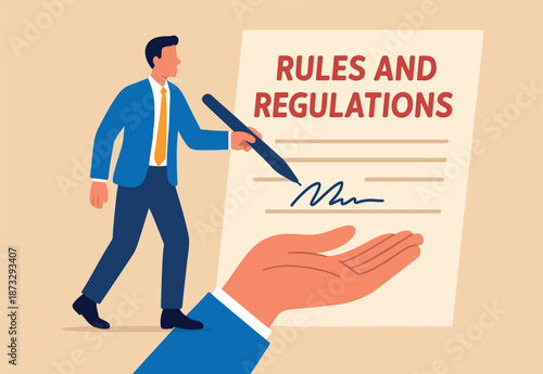 Rules and regulations, policy and guideline for employee to follow, legal term, corporate compliance or laws, standard procedure concept, businessman finish writing rules and regulations document.