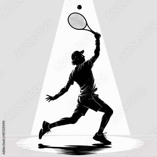 A powerful silhouette of a tennis player serves a ball under a spotlight, emphasizing athleticism and grace, capturing the sport's competitive spirit in an artistic portrayal.