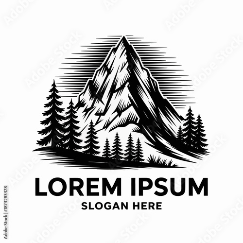 A beautiful black and white illustration of mountain peaks surrounded by trees, capturing a serene natural landscape with a touch of vintage artistry for all nature lovers.