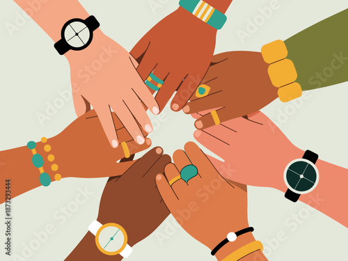 A vibrant illustration of diverse hands coming together, adorned with accessories, symbolizing unity, friendship, and collaboration across cultures and backgrounds.