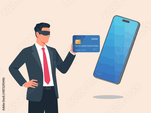 An illustration of a businessman holding a credit card next to a smartphone, representing modern finance, digital transactions, and the evolving banking landscape.