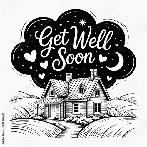 A whimsical illustration conveying well-wishes with a cozy home scene, stars, and hearts, embodying warmth, comfort, and the hope for recovery and healing.