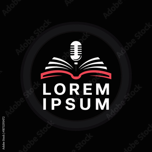 An impactful logo design representing a podcast theme, featuring an open book combined with a microphone, symbolizing storytelling and communication.