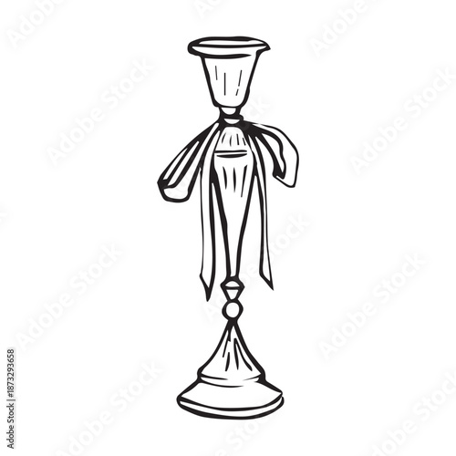 Vintage candle holder on a tall stem with a decorative bow, hand-drawn in black line art and isolated on white background. Whimsical and elegant illustration for decor, stationery, wedding design
