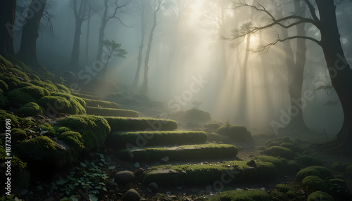 Moss covered forest steps thick fog warm light mystical path