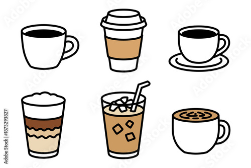 Hand drawn collection of different coffee drinks illustrations