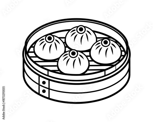 Simple line art of four chinese dumplings in a steamer