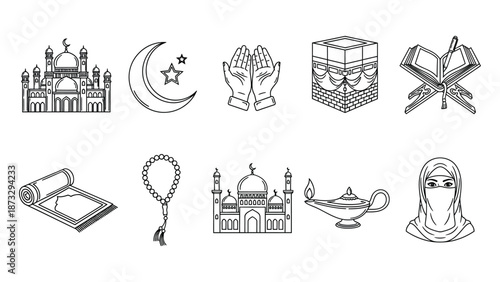 Islamic religious symbols and icons including mosques crescent moon prayer beads and lantern on white background with Muslim and faith and religion