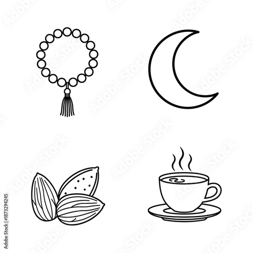 Vector illustration icon a set of four minimalist line art icons featuring a beaded necklace with tassel, crescent moon, coffee cup with saucer, and a cacao pod with seeds isolated on white background