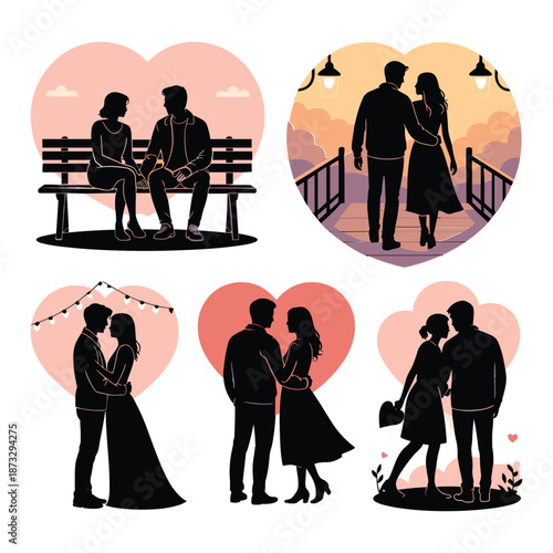 Romantic Couple Silhouette with Heart Symbols