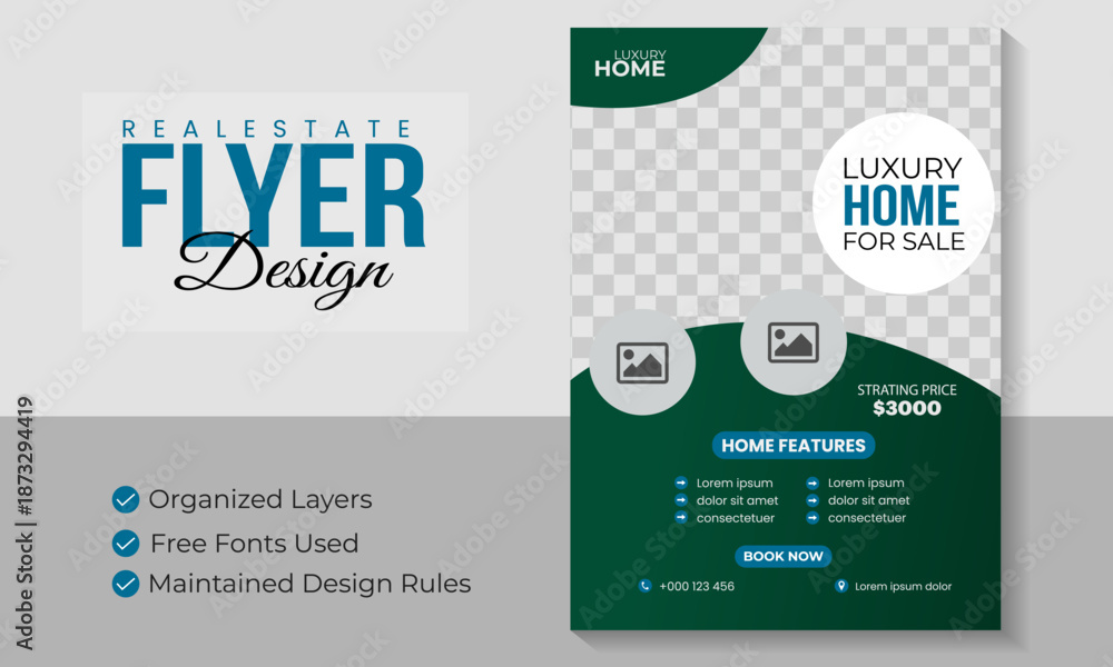 Obraz premium Real estate professional home sale flyer design creative home for sale flyer template for a property sale agency.