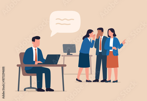 Workplace gossip, talking behind in the office, work bullying, chatter or rumor, rudeness voice or wrong information telling concept, business people gossip or talk behind colleagues in the office.