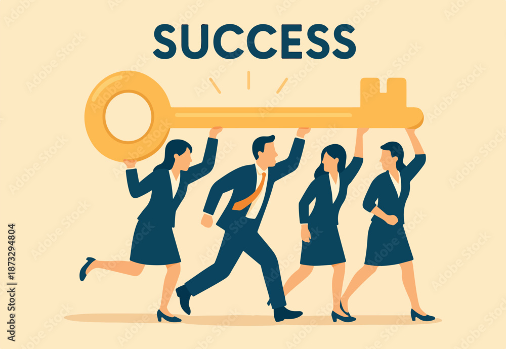 Naklejka premium Key to success, team working together as teamwork to achieve goal or target, unlock career opportunity, solution or winning business planning concept, business people carry golden key to success.