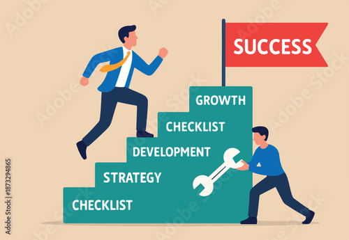 Strategy development, business improvement planning, success checklist or aspiration to growing business, career growth, checklist to success management concept, businessman walk up strategy stair.