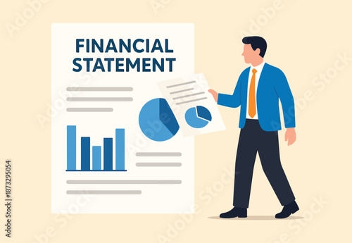 Financial statement, money expense profit and loss report, tax audit chart and graph, calculate budget, financial research or banking document concept, business man with financial statement document.