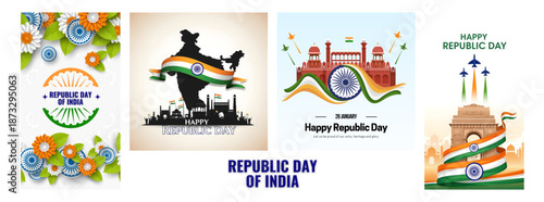 Republic day poster, banner, social media post with Happy Republic day in Hindi, calligraphy, 26 January Republic day wishes