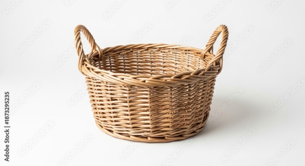 Obraz premium Wicker Basket with Handles on White Background.