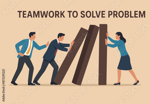 Teamwork to solve problem, team effort help stop crisis, responsibility to stop failure, support or trustworthy or courage to success concept, business people colleagues help stop domino falling.