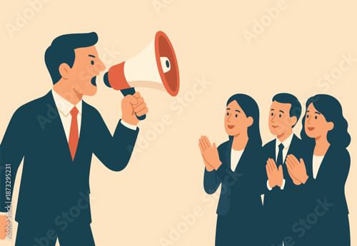 Marketing communication, announce promotion or communicate with employees, community or organization speech, loud voice or announcement concept, business people PR public relation shout on megaphone