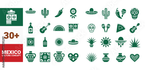A collection of vibrant green icons representing Mexican culture and traditions