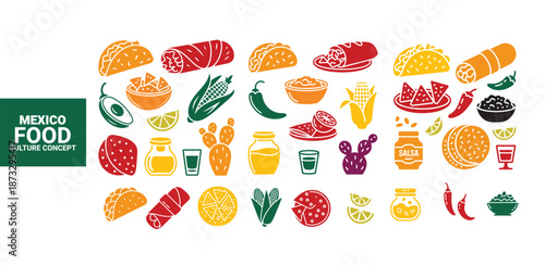 A colorful flat lay showcasing a variety of traditional Mexican cuisine icons bundle