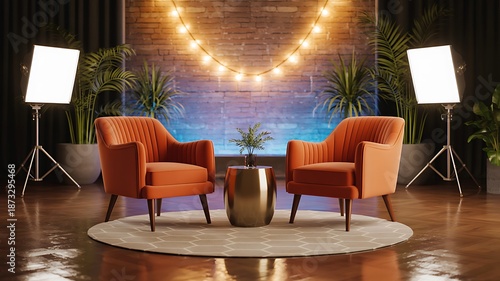 Modern podcast studio set with chairs lights and stage
