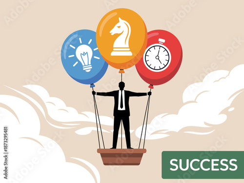 A businessman standing with colorful balloons symbolizes the essence of success, showcasing creativity, planning, and time management in a visually compelling way.