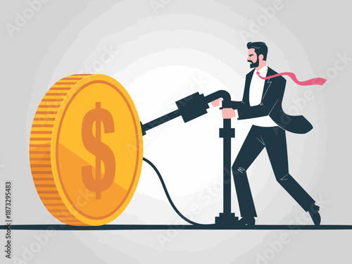 A dynamic illustration capturing a businessman using a pump to extract money from a large gold coin symbolizes financial empowerment and the drive for wealth creation in business.