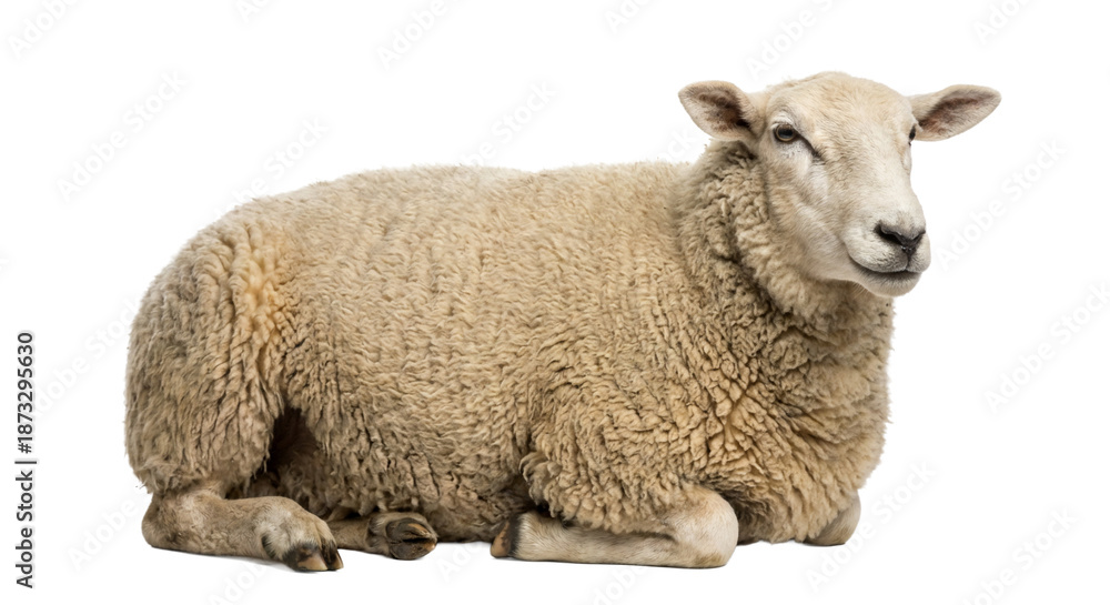 Fototapeta premium Realistic sheep lying down with full body visible, isolated on transparent background. Ideal for farming, livestock, agriculture, wool, and rural design concepts.